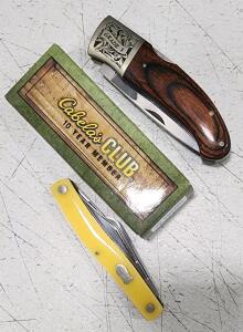 Cabela's CLUB 10 Year Member Grade I Collectible Pocket Knife with Box + Schrade Multi-Blade Yellow Stockman Knife