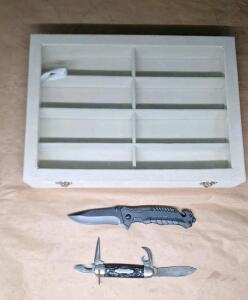 (1) Vintage Providence R.I. - Camp King 4-Blade Folding Pocket Knife, (1) Modern Lockblade Pocket Knife & (1) Small, White Velvet Display Case W/ Glass Top, 14"L x 10"W