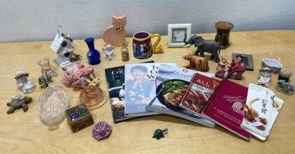 Mixed Lot: 26 Decorative Figurines, Glassware, Trinket Boxes & 6 Cookbooks ("The Chew" WW)
