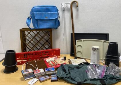 Large Mixed Vintage & Household Lot &ndash; Can Opener, Wine Rack, Flatware, Bag, Canes, Tapes