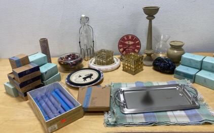 PartyLite Taper Candles (10 in., Blue & Purple) with Decorative Holders & Serving Tray, Mixed Lot