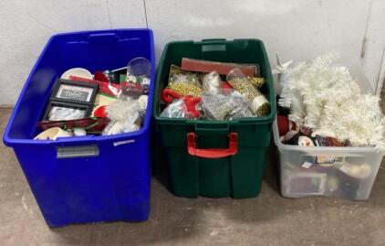 Large Lot 3 Storage Totes Christmas Holiday Decor Ornaments Plush Snowmen Modern & Vintage