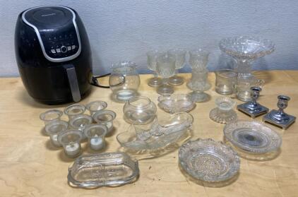 PowerXL Air Fryer 5 Quart Black & Silver ( Powers On ), Lot of 22 Vintage Clear Glassware Goblets & Bowls