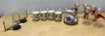 Vintage Floral Ceramic Mugs, Pitcher & Basin Set with Etched Glassware and Candle Holders