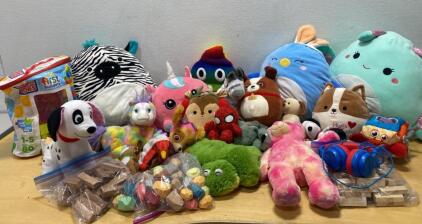 Large Lot of Plushies, Mega Bloks, Wooden Blocks, Kids Headphones, Squishmallows & More