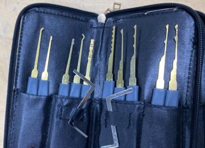 Professional 14-Piece Lock Pick Set with Gold Picks, Blue Handles, Black Zipper Case