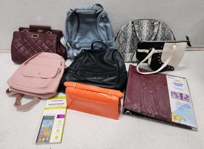 Mixed Women's Bags Lot - 8 Purses, Backpacks, Clutch, Album & iPhone Screen Protector