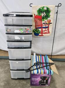 Mini Chest 40x15x12.5 5-Drawer Storage Unit w/ Porch Life Flag & Stand, 40 Mixed Hangers