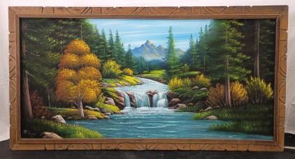 Large Framed Signed Reyes Mexican Mountain River Oil Painting, Carved Wood Frame