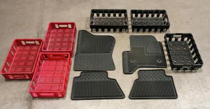 Lot of 6 Bakery Bread Crates (Red/Black) & 4-Piece All-Weather Rubber Floor Mat Set, Truck/SUV