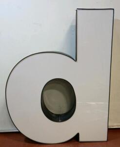 Illuminated Channel Letter Sign "d", 32"x26", White Face, Black Sides, Acrylic & Aluminum