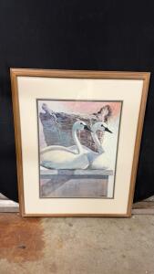 Framed "Swans" Art Print by B. Watts, 30"x36", Wood Frame, Double Mat, Signed, Bay West Crafts