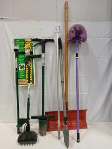 Garden Tool Lot: Weed Hound Puller, Shovel, Snow Shovel, Rake, Bulb Planter, Duster, 7 Pieces