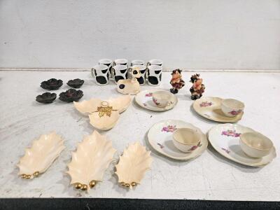 Vintage Cow Print Mug Set, Floral Tea Cups & Plates, Holly Leaf Dishes, and Cow Figurines, 19 Pc