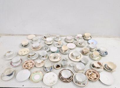 Mixed Vintage Porcelain Teacups & Saucers, Floral & Scenic Patterns, 38 Pairs, Assorted Makers