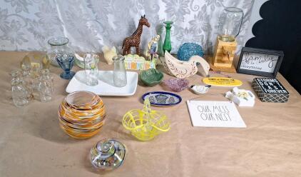 (1) 6" Round Art Glass Vase, (1) 5" Flat Round Art Glass Vase, (1) 5" Decorative Glass Basket & Assorted Pieces Of Home Decor