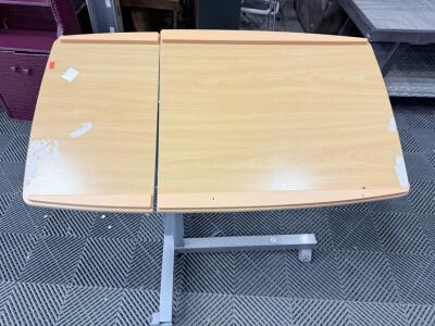 Split Top Adjustable Overbed Table, Tilting Wood Top, Metal H-Base, 33"x17", 28-45" Height
