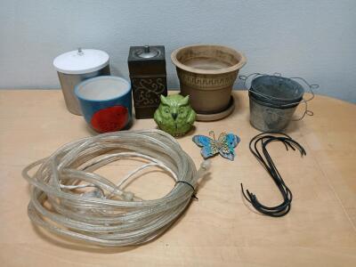 Mixed Garden Decor Lot: 2 Planters, Oil Lamp, Buckets, Tubing, Owl, Butterfly, S-Hooks