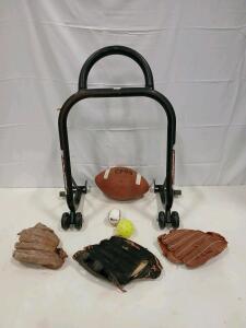 Sporting Goods Lot: Cato CF9S Football, 3 Gloves, Brett Baseball, Wiffle Ball, Trackside Stand
