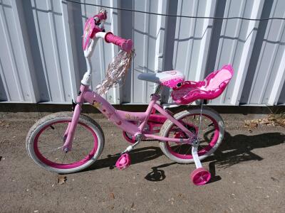 Disney Princess Girls Bicycle 16&rdquo; w/ Training Wheels, Doll Seat, Streamers, Pink/White