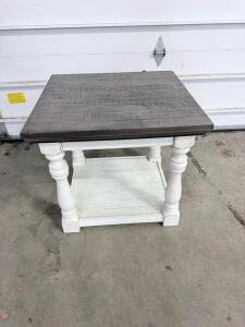 Farmhouse End Table &ndash; Two-Tone Grey Top, White Base, Lower Shelf, Turned Legs, 24"x24"x24"