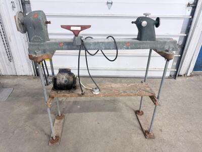 Vintage Shopmaster Tools Wood Lathe, ~12" Swing, 36" Centers, Electric Motor, Custom Stand