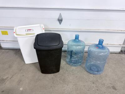 Rubbermaid 11.3 Gallon Swing-Top Trash Can, Black Swing-Top Trash Can, Two 5-Gallon Water Jugs