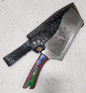 (1) Fixed Blade Damascus Steel Chefs Clever Knife With Wood Handle And Sheath