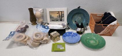 Decorative Assorted Home Kitchenware Lot - Glass Plates, Metal Vase, Textiles, Art Print
