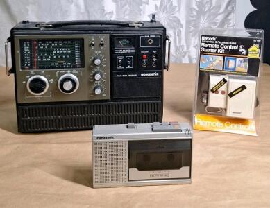 (1) Vintage WORLDSTAR MG-6000 Multi-Band Radio Receiver AM/FM/CB Weather, W/ Microphone, (1) Vintage Panasonic Battery Operated Cassette Recorder & (1) Remote Controlled Outlet