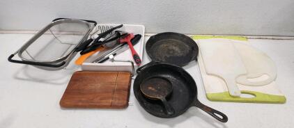 Large Mixed Kitchenware Lot &ndash; Cast Iron Pans, Cutting Boards, Utensils, Colander, 15+ Pieces
