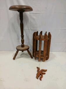 Vintage Wooden Plant Stand, Rotating Magazine/Record Rack, & Hanging Folk Art Ornament
