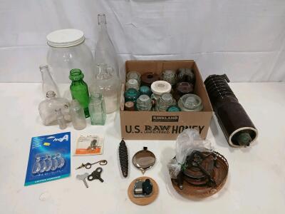Vintage Glass Bottle & Insulator Lot&mdash; Assorted Styles, Green/Clear/Brown, Lamp Hardware, c.1910&ndash;1960s