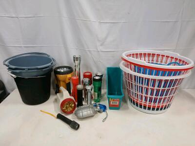 Assorted Household Utility Containers: 2 Laundry Baskets, 3 Buckets, 1 Teal Bin, Plastic, Nesting