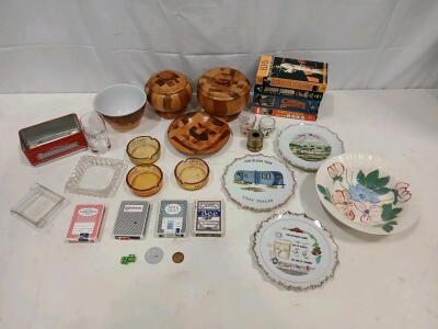 Large Vintage Collectibles Lot - Wood Bowls, Casino Ashtrays, Decor Plates, VHS, Cards