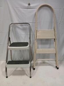 Cosco 2-Step Folding Step Stool Chrome/White, Tall Handle, Non-Slip Treads + 2-Step Beige Stool
