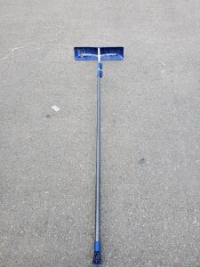 24" Wide Blue Push Snow Shovel with Dual Ergonomic Grips, Metal Handle, Plastic Blade