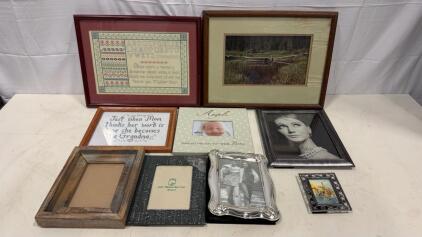 Assorted Picture Frames Lot: Fetco 8x10, Ornate Metal, Rustic Wood, Sampler, Grandma, Baby, 9pcs