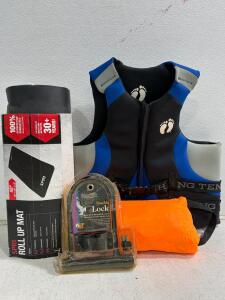 Hang Ten Life Vest, SPRI Roll Up Mat, Ingear Shackle Lock & Orange inflatable sofa Gear Bundle
