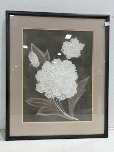 Large Framed Botanical Art Drawing, White Flower on Gray, Matted, 36x30 in