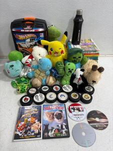 Mixed Media Lot: DVDs, Pok&eacute;mon Plush, Hot Wheels 100 Car Case, NHL Hockey Pucks, Dr. Seuss Books
