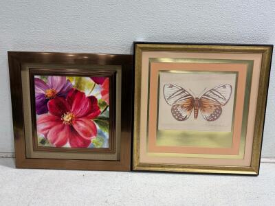 Framed Lani Loutsis Floral Original Acrylic Painting & Douglas Butterfly Print &ndash; Signed Pair, 20" Square