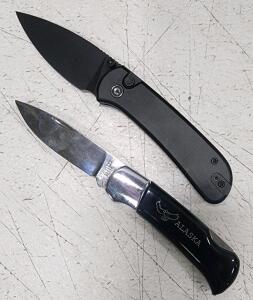 Two Folding Pocket Knives: Civivi Style Tactical Button Lock, Classic "Alaska" Engraved Lockback