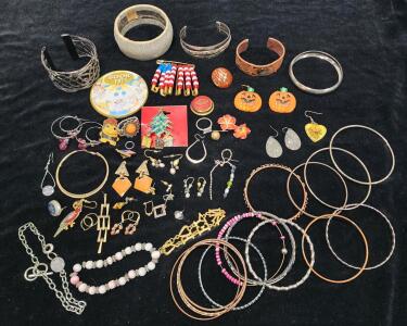 Large Assorted Costume Jewelry Lot &ndash; 50+ Pieces, Bracelets, Earrings, Holiday & Novelty Items