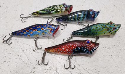 5 Topwater Popper Fishing Lures, Multi-Color, ABS Plastic, Treble Hooks