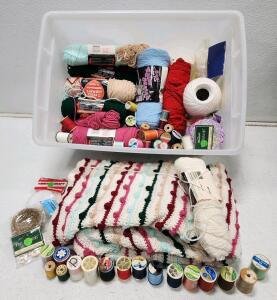 Large Assorted Lot: Red Heart, Sayelle Yarn, Coats Thread, 2 Crochet Afghans, Notions Bundle