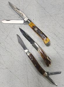 (1) Fox-N-Hound Lockback Stag Folding Knife (1) Boker USA Tree Brand Pocket Knife (1) Schrade National Knife Collectors Two Blade Stag Knife
