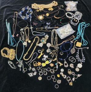 Mixed Lot of 70+ Fashion & Costume Jewelry, Necklaces, Rings, Bracelets, Earrings, Multi-Color