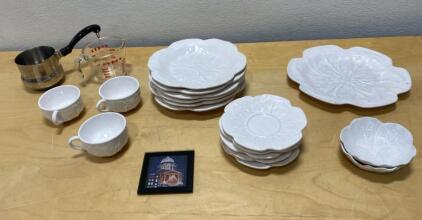 19-Piece White Embossed Ceramic Dishware Set with Stainless Steel Saucepan and Pyrex Measuring Cup
