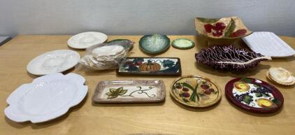 Mixed Lot Hand-Painted Ceramic Serving Platters, Bowls & Plates - Fruit, Floral & Leaf Motifs, 15 pcs